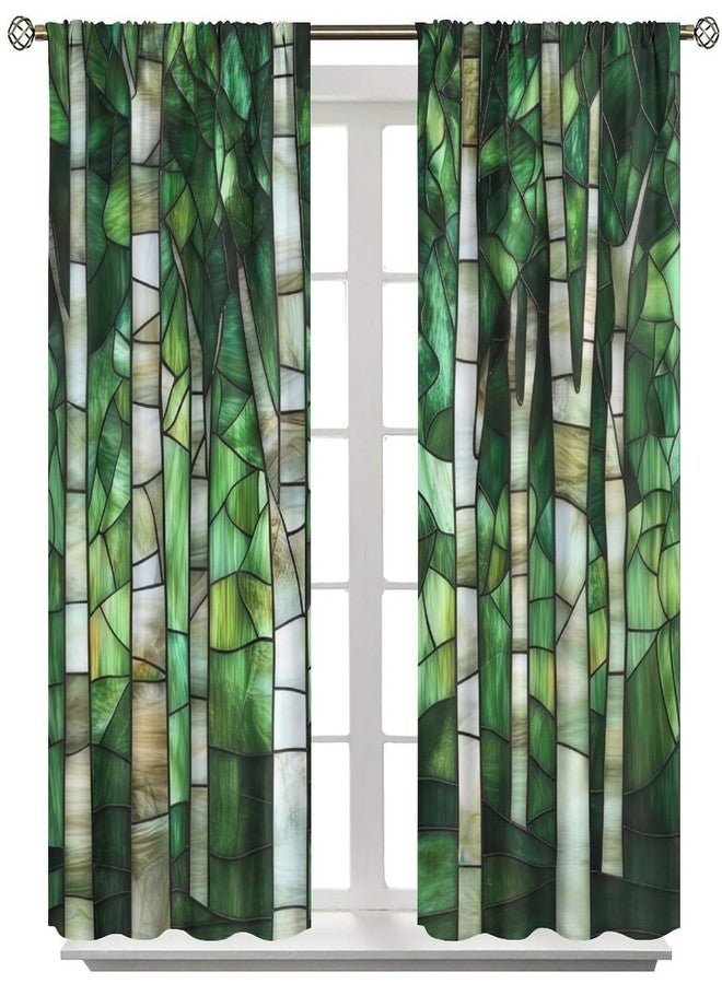 KANEPE Stained Glass Curtains, Birch Trees Green White Forest Stained Glass Retro Print Vintage Window Treatments, Rod Pocket Thermal Insulated Drapes for Bedroom Living Room, 42" W X 45" L【Decor】 - Image 2